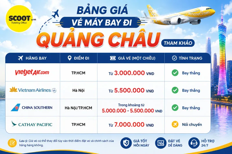 bảng giá tham khảo vé máy bay đi Quảng Châu