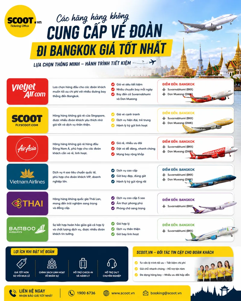 Các hãng hàng không cung cấp vé đoàn đi Bangkok giá tốt nhất