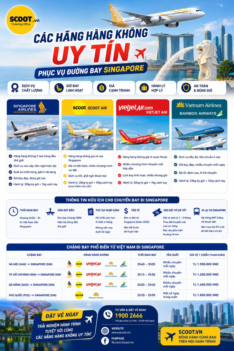 Các hãng hàng không uy tín phục vụ đường bay Singapore