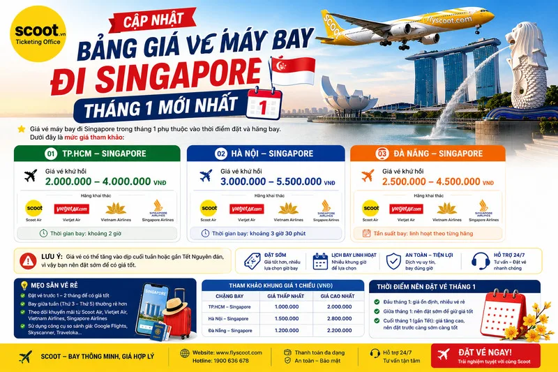 Cập nhật bảng giá vé máy bay đi Singapore tháng 1 mới nhất
