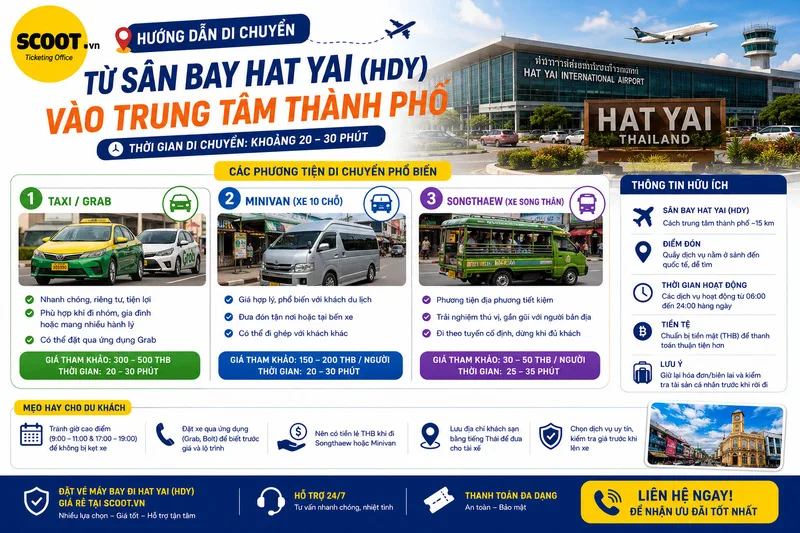 Hướng dẫn di chuyển từ sân bay Hat Yai vào trung tâm thành phố