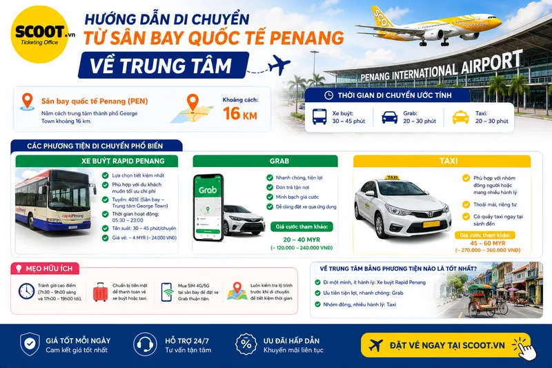 Hướng dẫn di chuyển từ sân bay quốc tế Penang về trung tâm