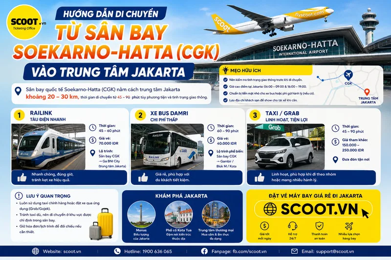 Hướng dẫn di chuyển từ sân bây Soekarno hatta CGK vào trung tâm