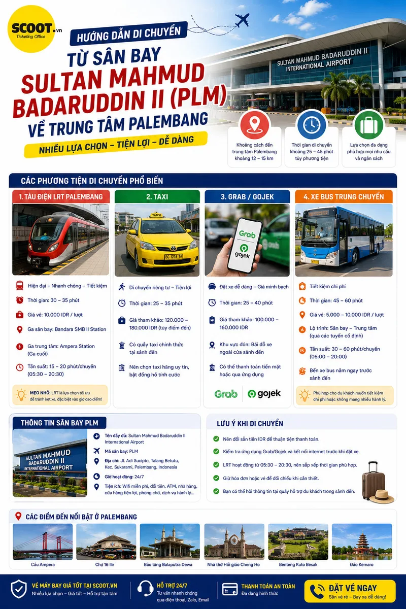 Hướng dẫn di chuyển từ sân bay Sultan Mahmud Badaruddin II (PLM) về trung tâm