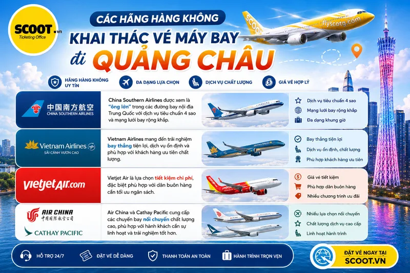 Những hãng hàng không khai thác chuyến bay đi Quảng Châu