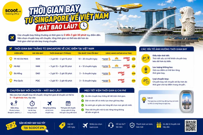Thời gian bay từ Singapore về Việt Nam mất bao lâu?